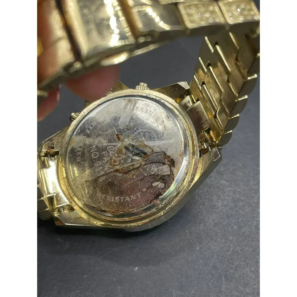 Techno Pave Mens Wristwatch Gold Tone Iced Out Rhinestone Red Dial Hip Hop Watch